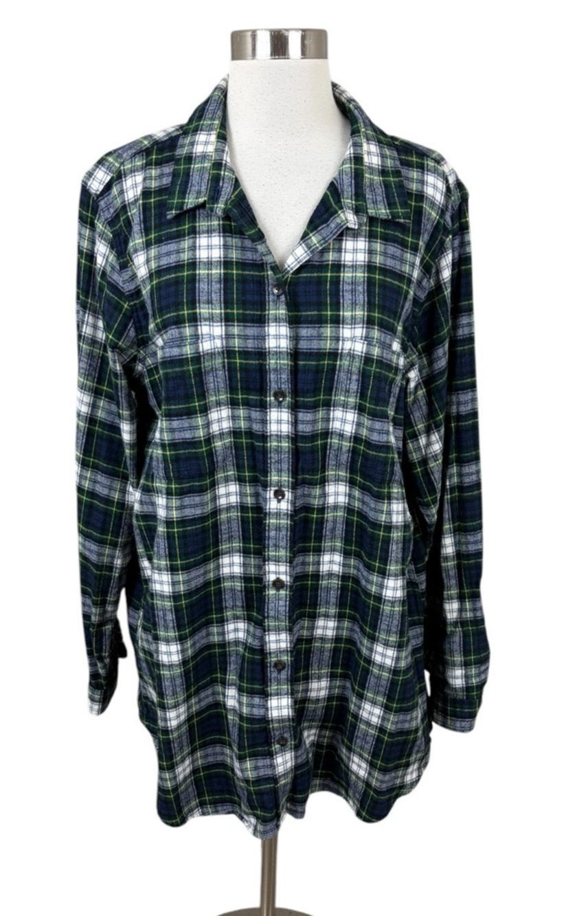 LL Bean Relaxed Fit XL Green Navy Plaid Flannel Shirt Cabincore Outdoors